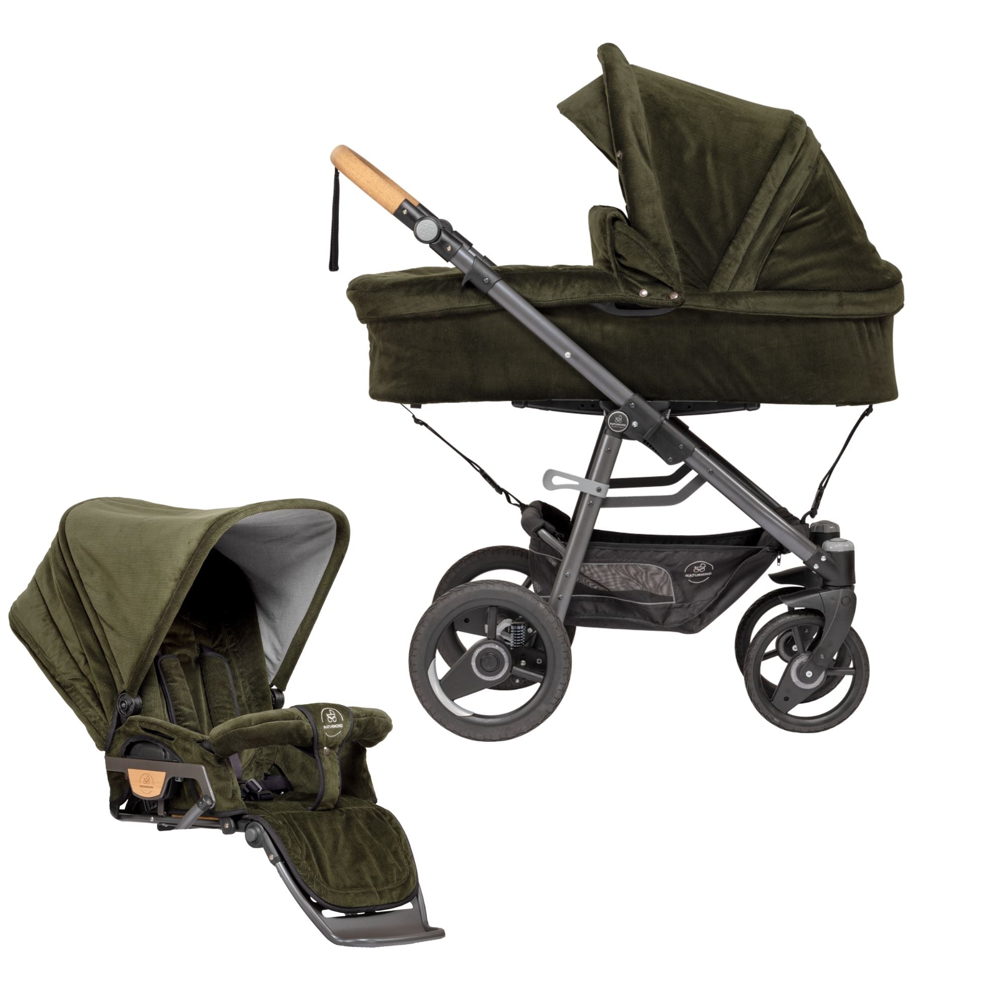 Naturkind DUO Lux Evo MAX (barnevogn + klapvognsdel) - Olive (fløjl) - DUO Lux Evo MAX - MamaMilla