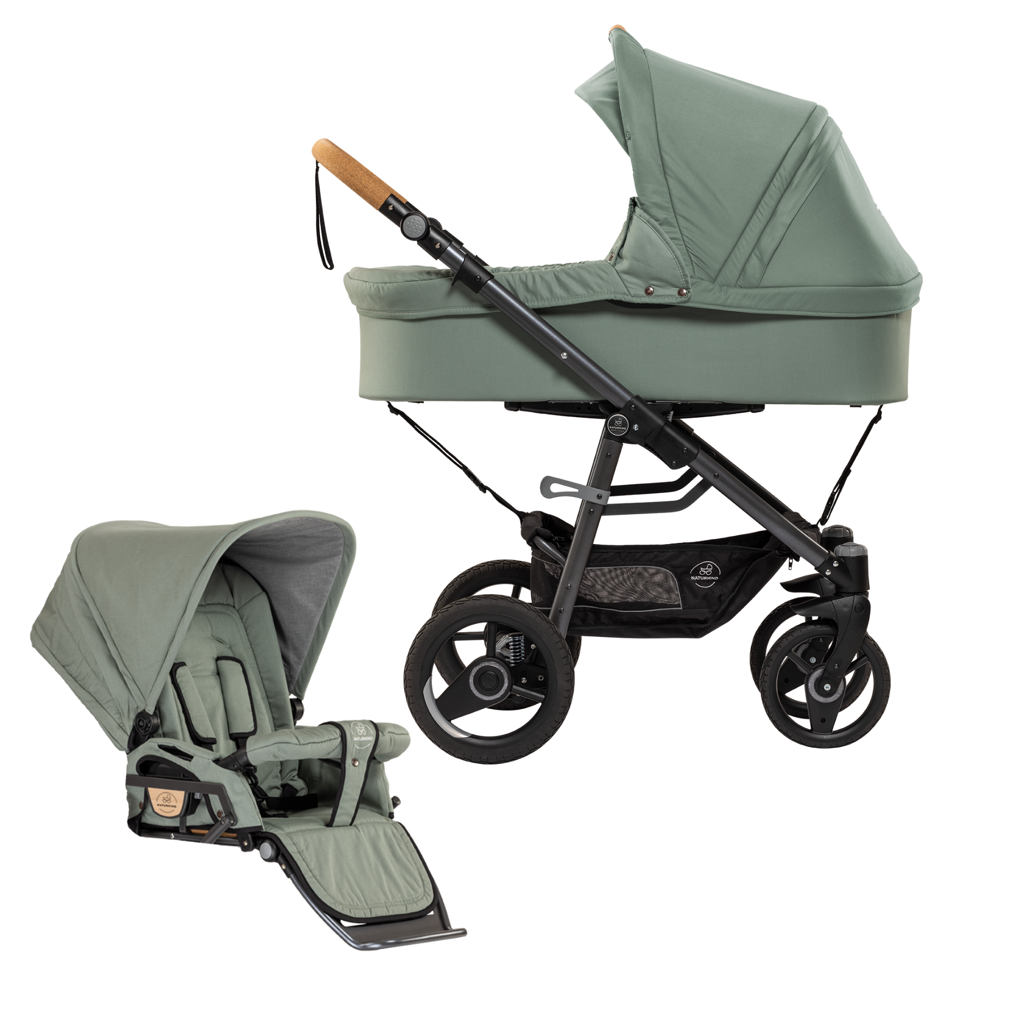 Naturkind DUO Lux Evo MAX (barnevogn + klapvognsdel) - Jade VEGANSK (støvet grøn) - DUO Lux Evo MAX - MamaMilla