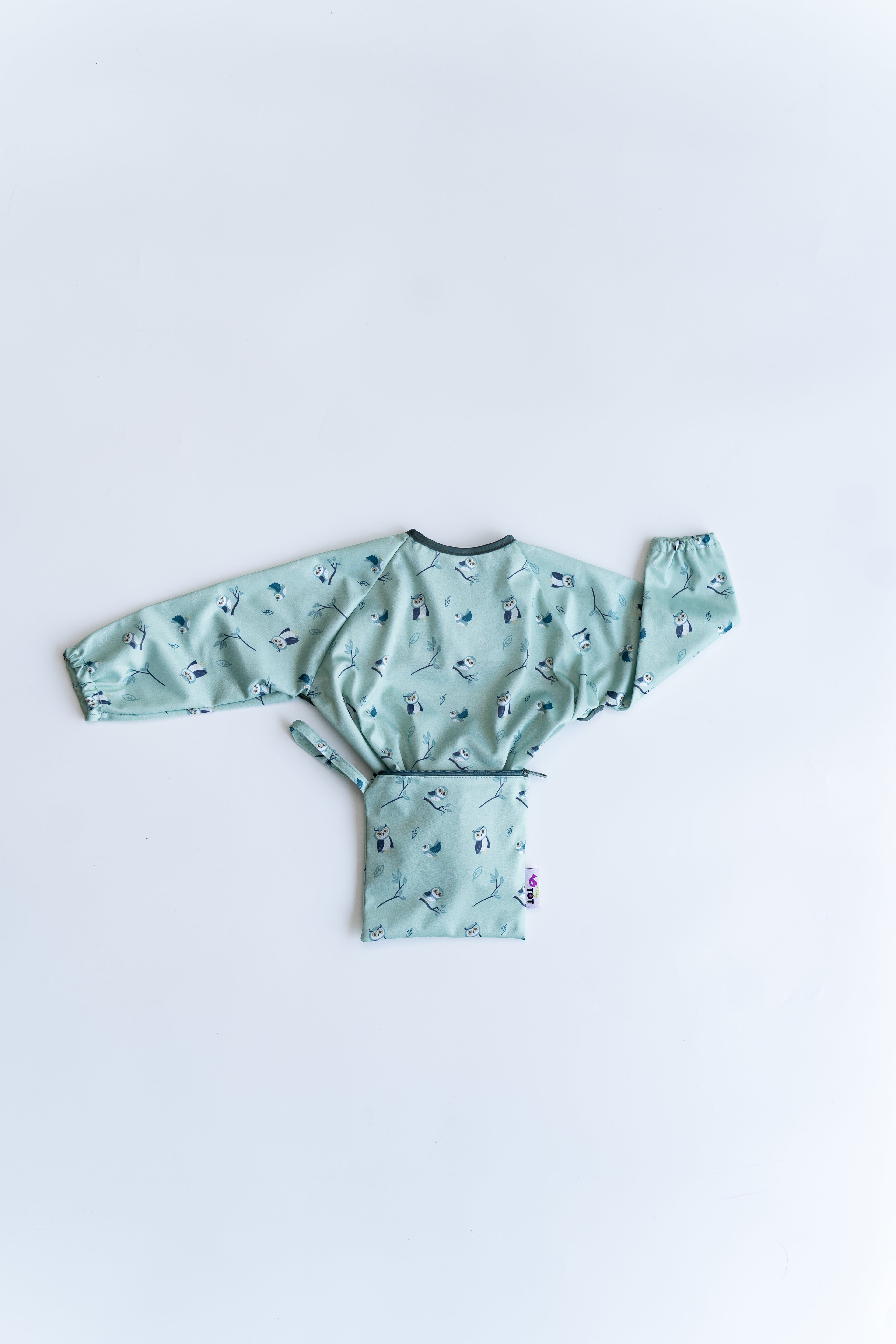 Tidy Tot Hagesmæk med Sugekop (lange ærmer) - Grøn Ugle - Hagesmæk med ærmer - MamaMilla