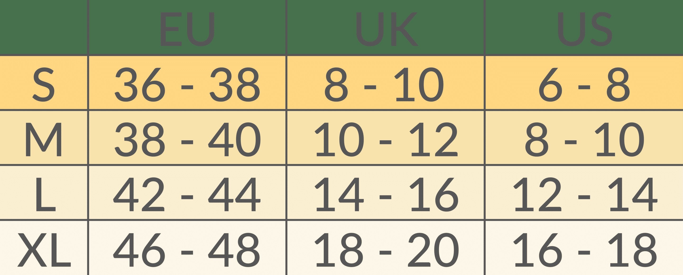 Størrelsesguide for Carriwell sømløse leggings i S, M, L og XL