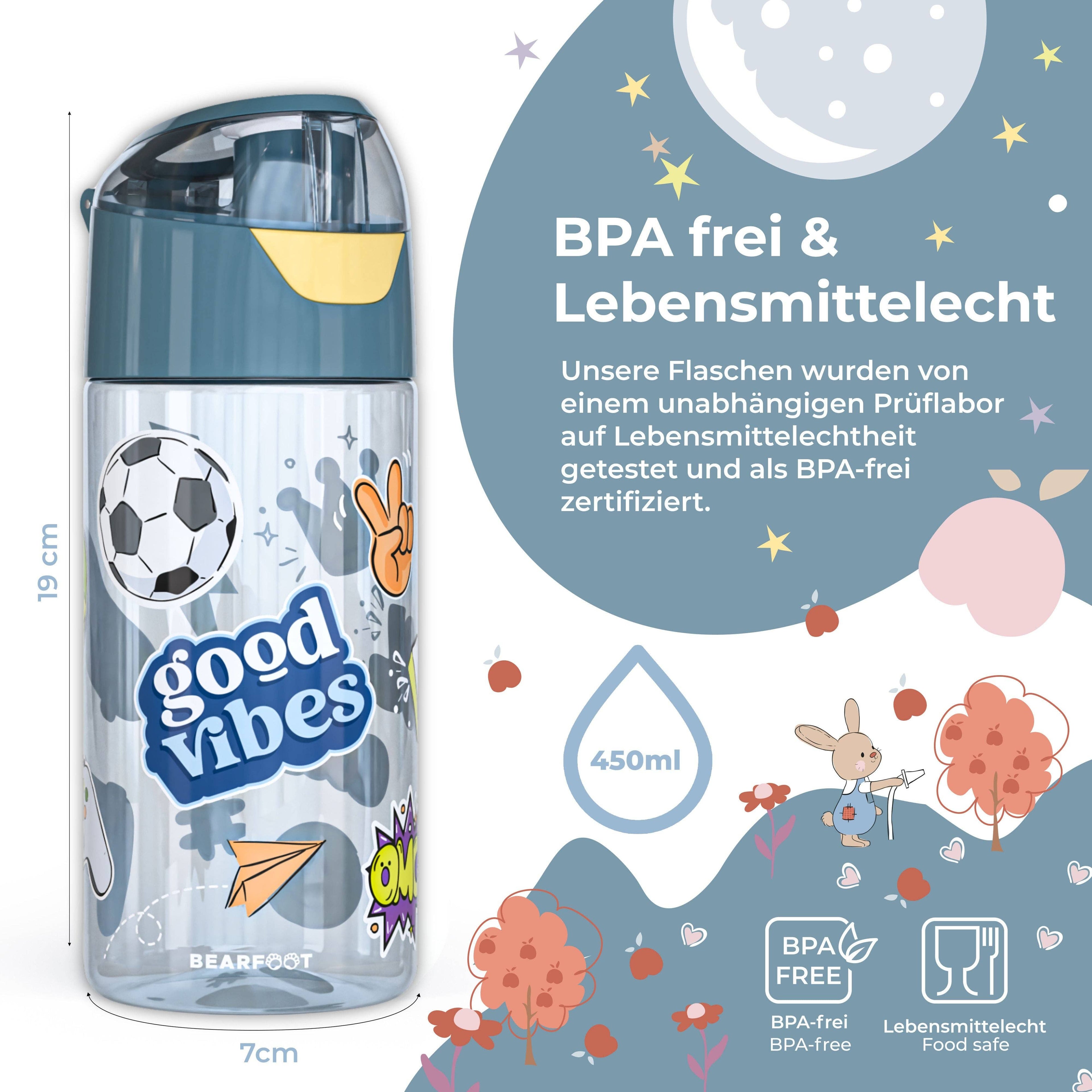 BEARFOOT Letvægts Drikkedunk Med Hank og Nem Åbning - 450 ml - Klistermærker Blå - Drikkedunk i plast - MamaMilla