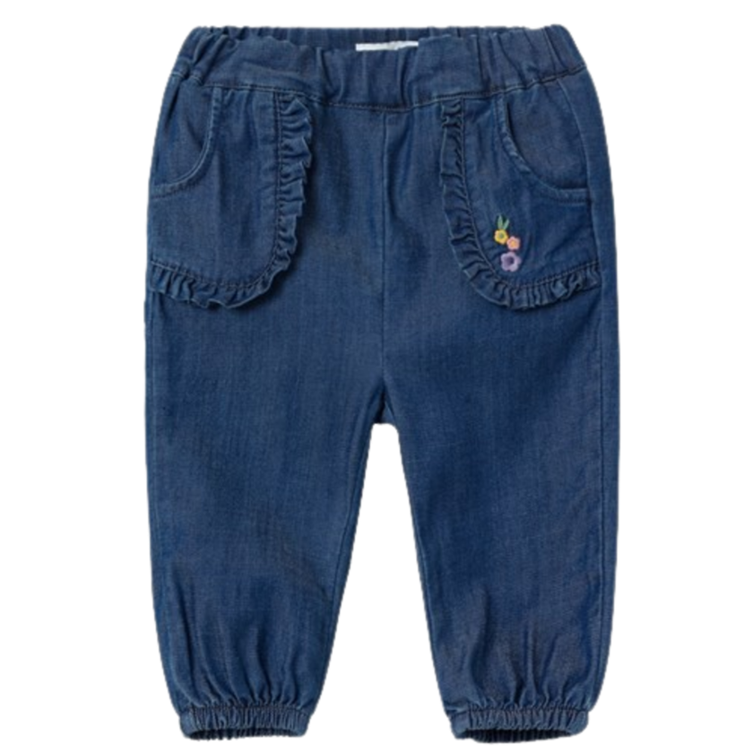 Name it bløde baggy jeans med flæser/broderi - Bella - Dark Blue Denim - Bukser - MamaMilla