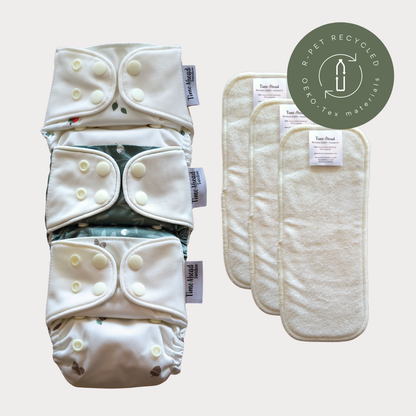 Time Ahead Sweden - Startpakke stofble nyfødt | Alt-i-et 2-6 kg: Med tilbehør / Jordbær | Humleblomster grøn | Agern
