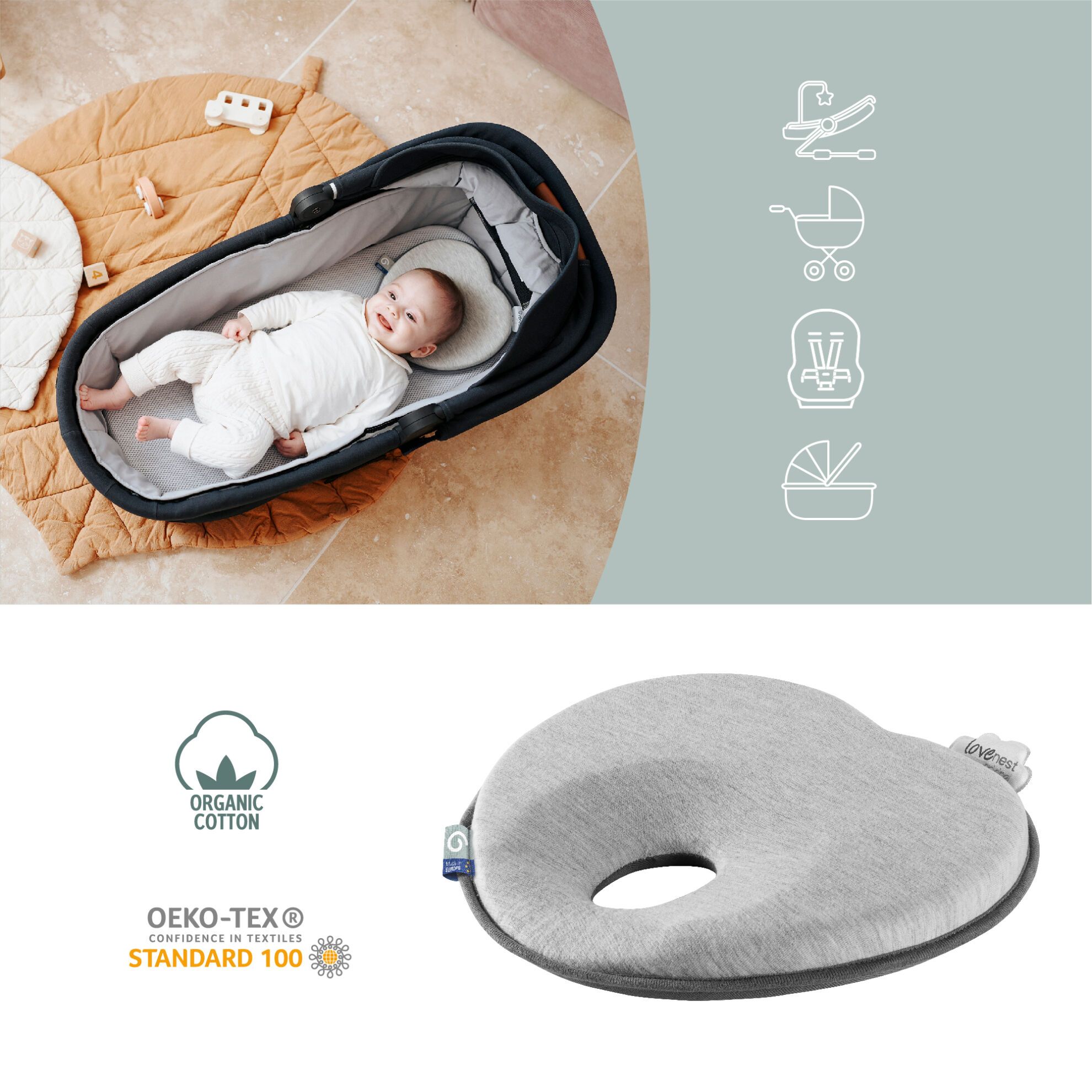 Babymoov Ergonomisk Babypude (Lovenest) - Grå (0-4m) - Babyhovedpude - MamaMilla