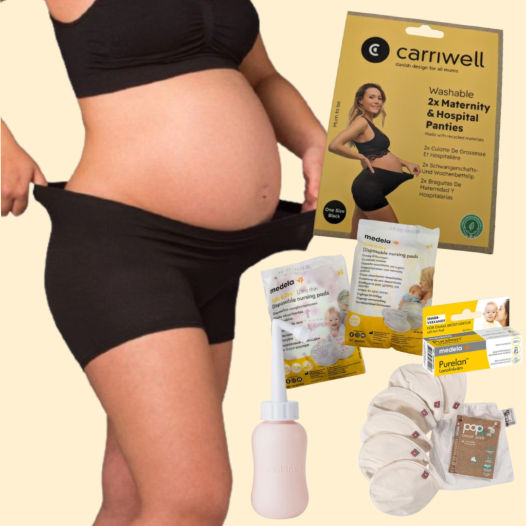 Pakke-tilbud - Lille Fødsels-pakke med Carriwell Hospitalstrusser + Skylleflaske + Lanolin Salve + Engangs- og genanvendelige Ammeindlæg - Pakke - MamaMilla