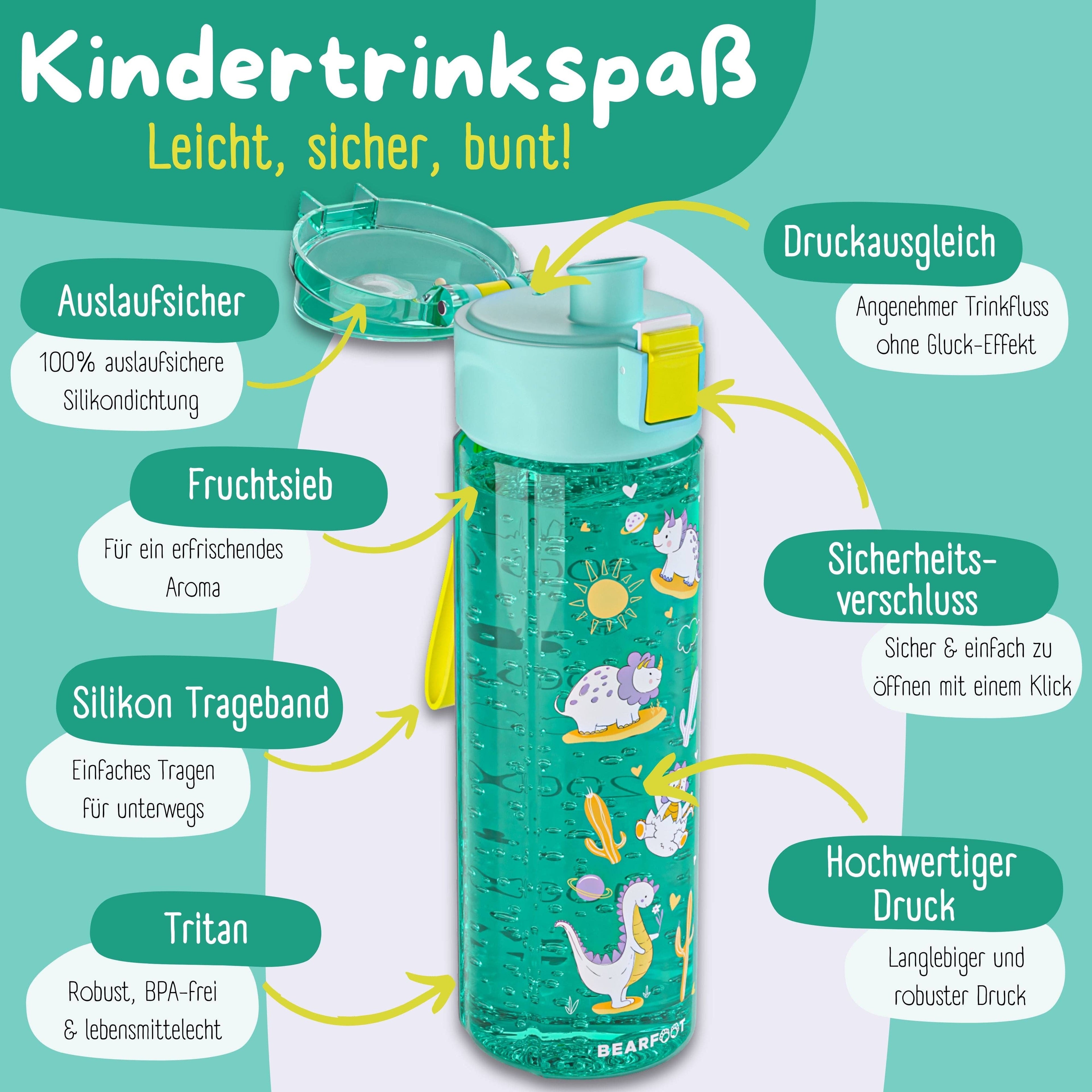 BEARFOOT Letvægts Drikkedunk Med Silikonestrop - 500 ml - Dino Mint - Drikkedunk i plast - MamaMilla