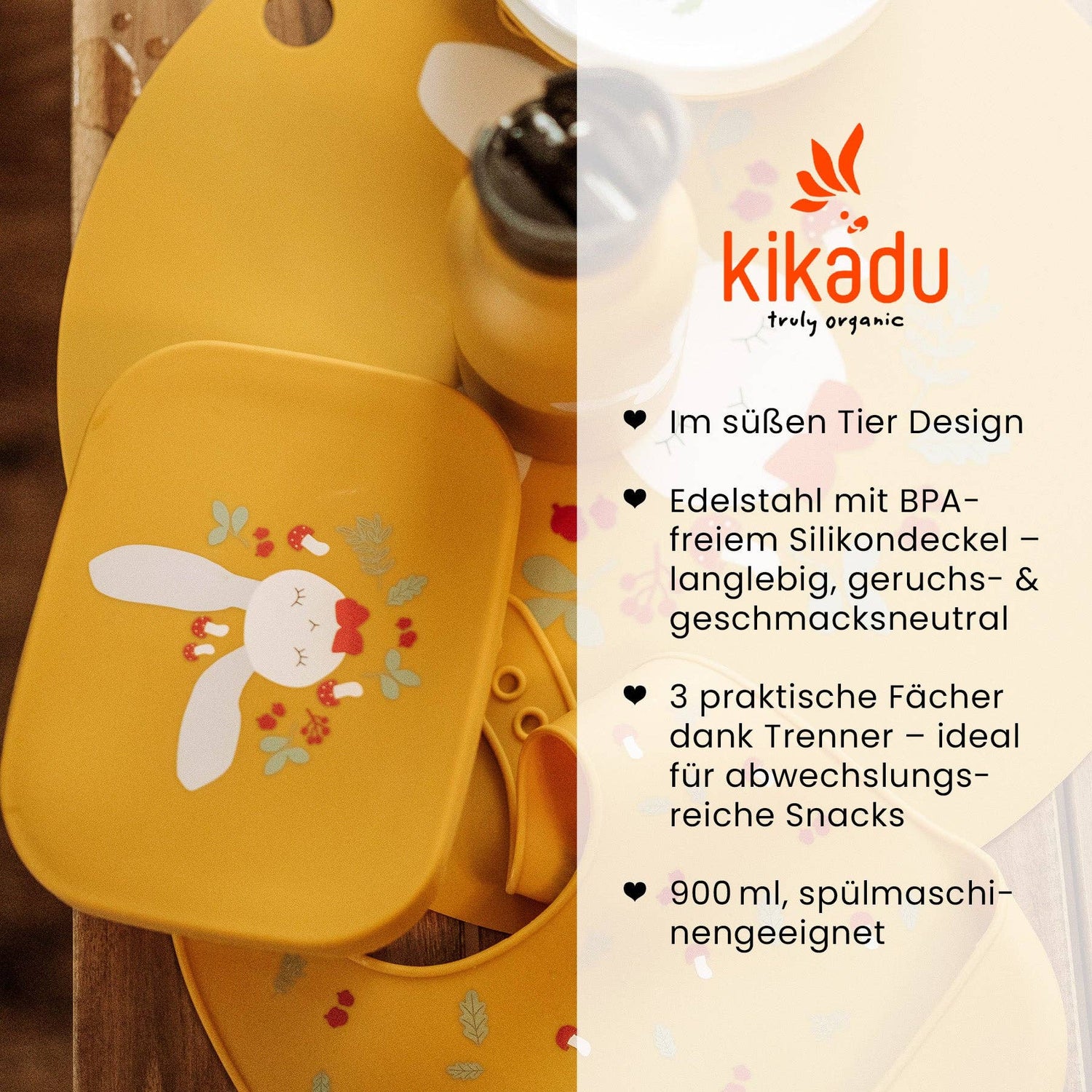 Kikadu Madkasse til Børn - Rustfri Stål - 3 Rum - Karrygul Kanin