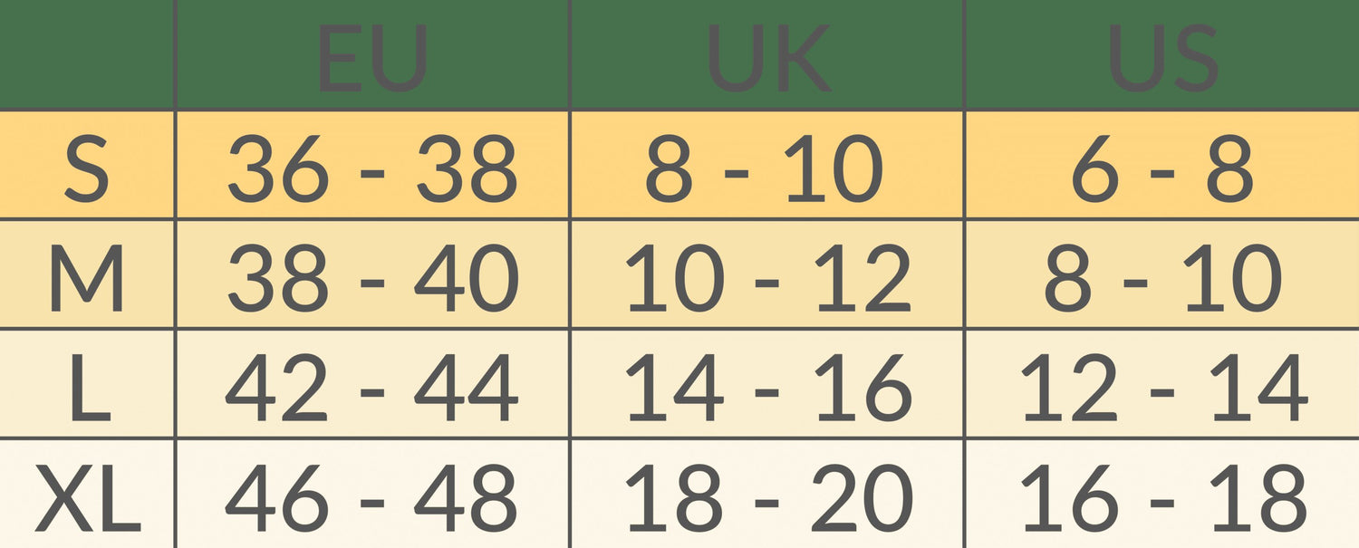 Størrelsesguide for Carriwell sømløse leggings i S, M, L og XL