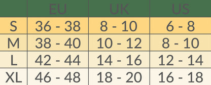 Størrelsesguide for Carriwell sømløse leggings i S, M, L og XL