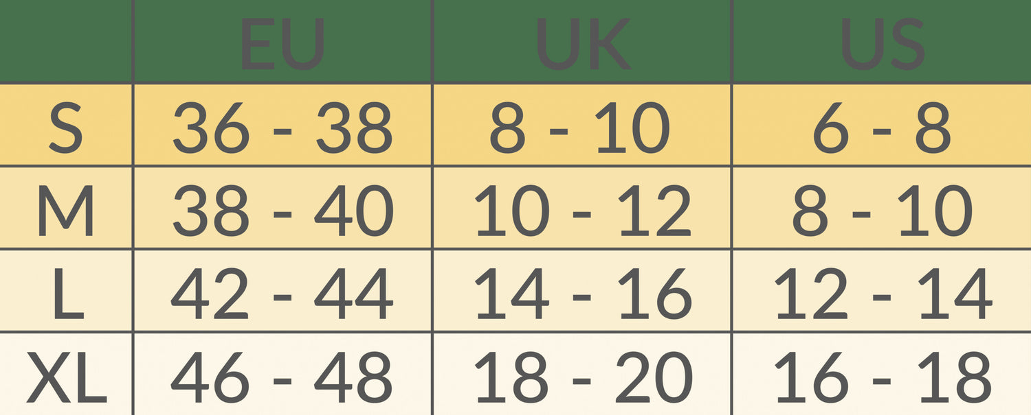 Størrelsesoversigt for Carriwell sømløs støttetrusse S M L XL