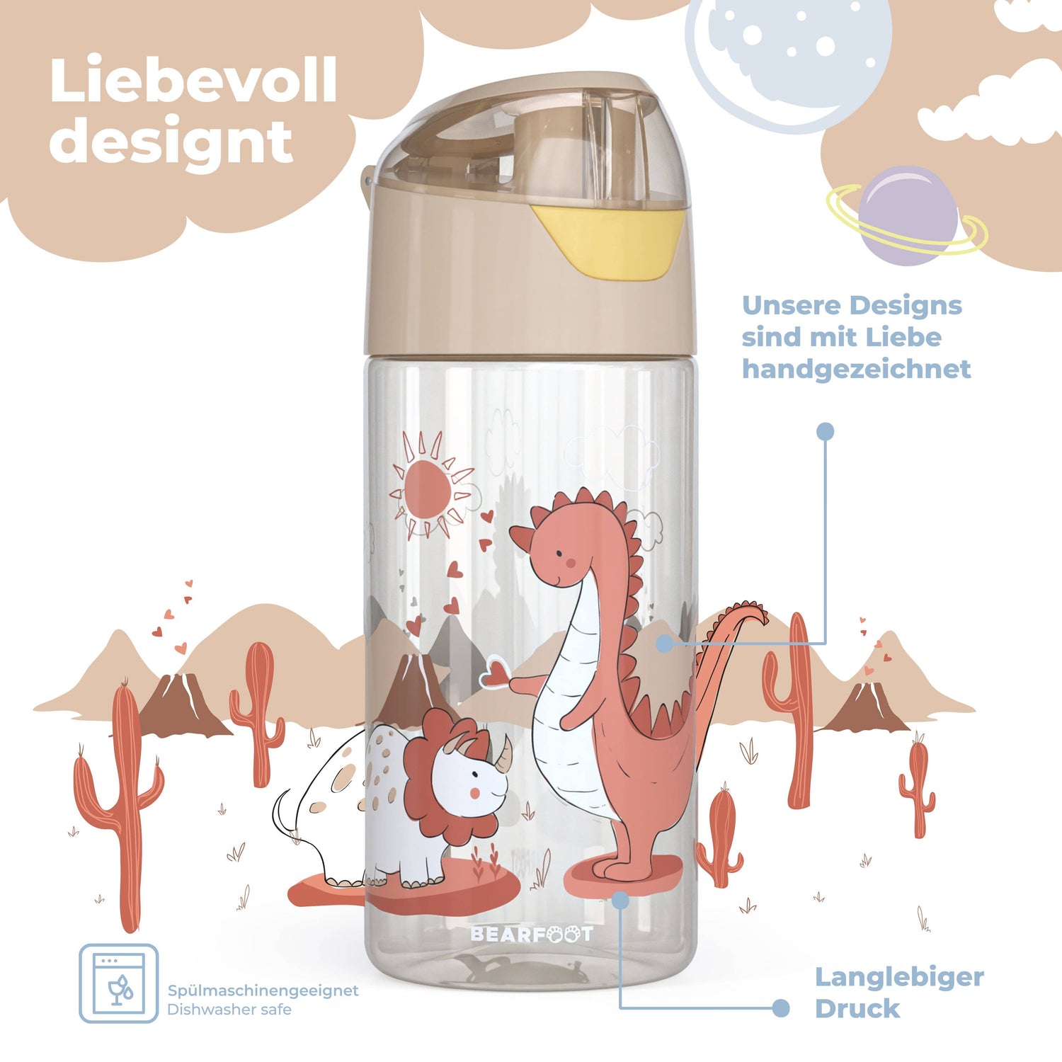 BEARFOOT Letvægts Drikkedunk Med Hank og Nem Åbning - 450 ml - Dinosaurus Venner - Drikkedunk i plast - MamaMilla