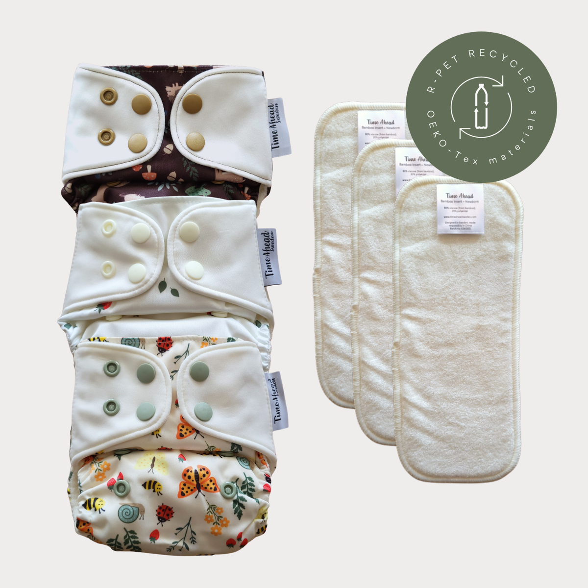 Time Ahead Sweden - Startpakke stofble nyfødt | Alt-i-et 2-6 kg: Med tilbehør / Jordbær | Humleblomster grøn | Agern