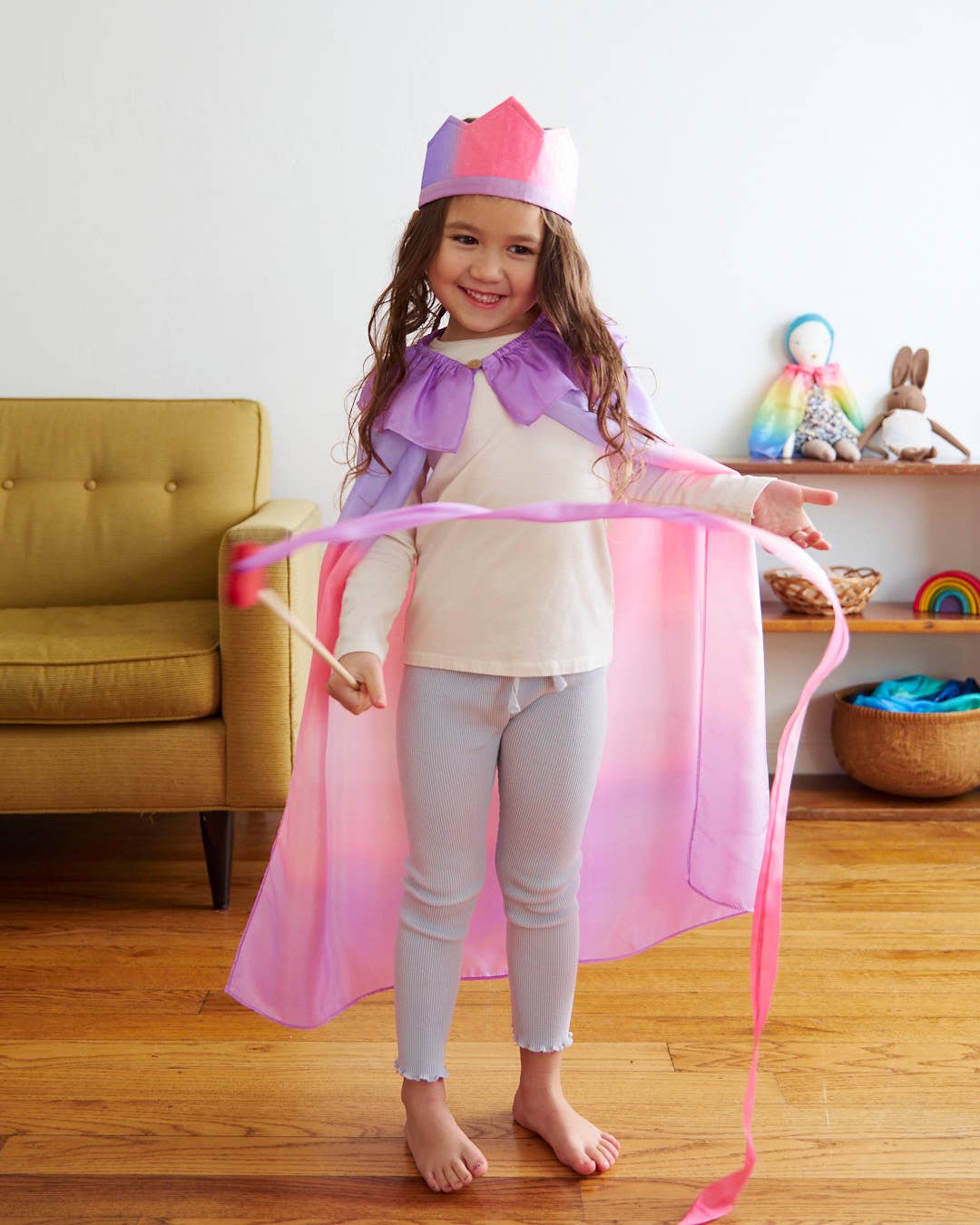 Sarahs Silk Pink &amp; Purple Silk &amp; Wood Streamer - Wand for Pretend Play - - MamaMilla