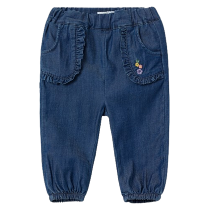 Name it bløde baggy jeans med flæser/broderi - Bella - Dark Blue Denim - Bukser - MamaMilla