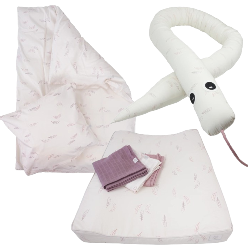 Pakke-tilbud med MamaMilla Puslepude, Babysengetøj og Sengeslange - Rose feathers - Pakke - MamaMilla