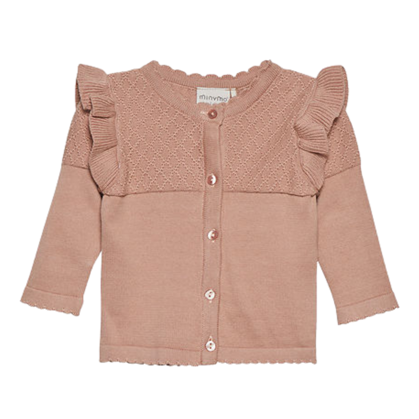 Minymo Cardigan med mønster-strik og flæse-detaljer - Mahogany Rose - cardigan - MamaMilla