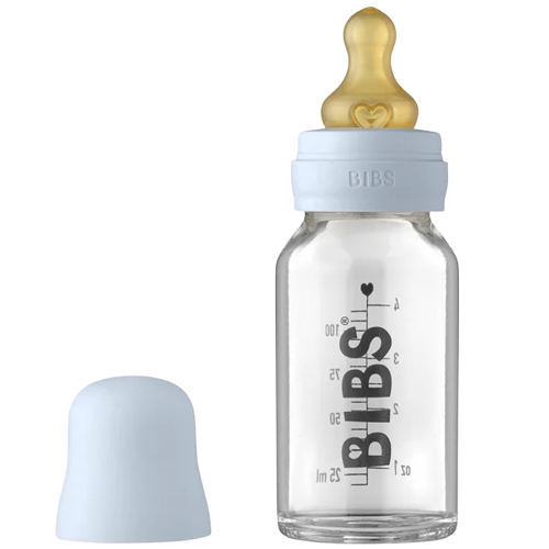 Bibs glas sutteflaske - Latex - 110 ml. - Baby Blue - Flaskebarn - MamaMilla