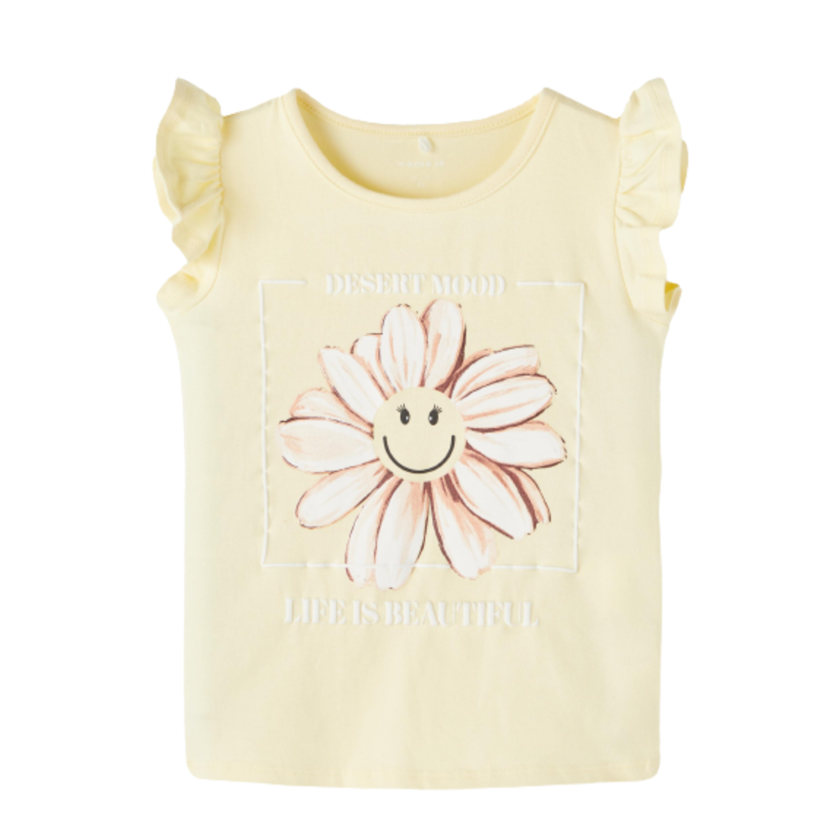 Name It Top med flæser - Farina Happy - Blomst - Double Cream - t-shirt - MamaMilla